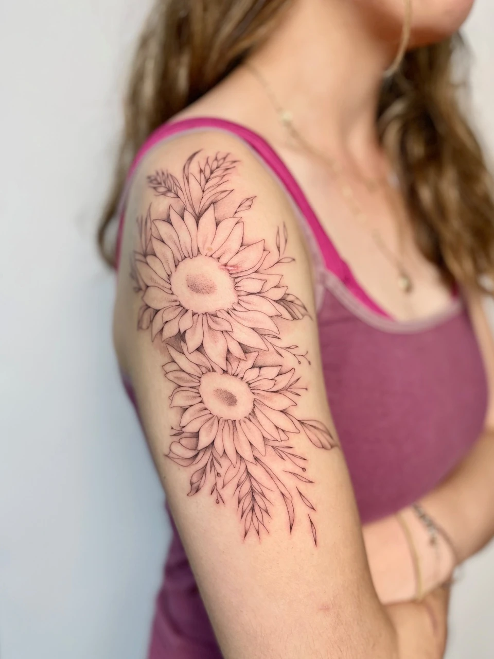 sunflowers fine line tattoo on shoulder