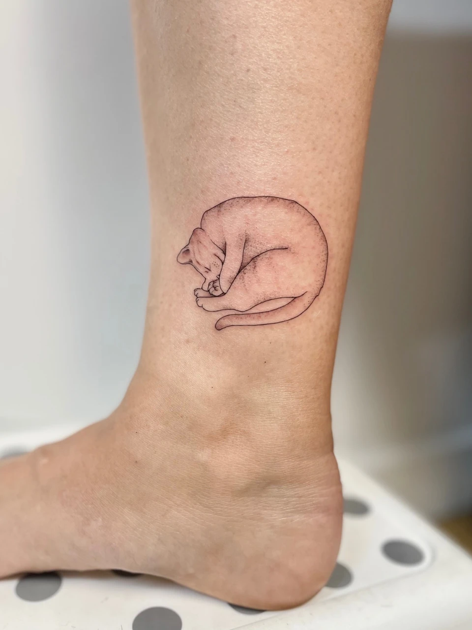 cat fine line tattoo on ankle