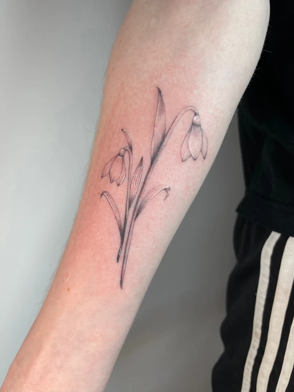 snowdrops fine line tattoo on forearm